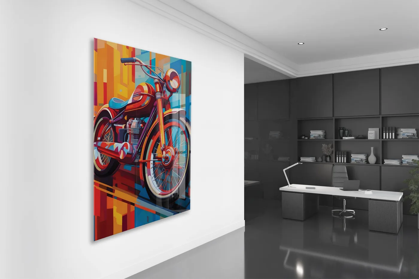 Retro Motosiklet Cam Tablo – Modern Geometrik Stil, Renkli UV Baskılı Temperli Cam Duvar Tablosu - Peony039 — görsel 4