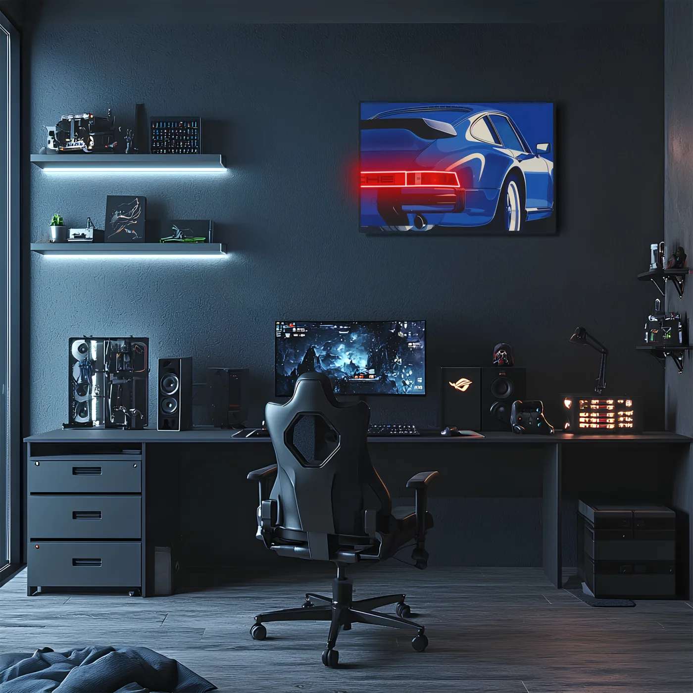 Mavi Retro Spor Araba UV Baskı Neon Duvar Dekoru | Pleksi Işıklı Tablo | Modern Ev ve Ofis Dekoru — görsel 2