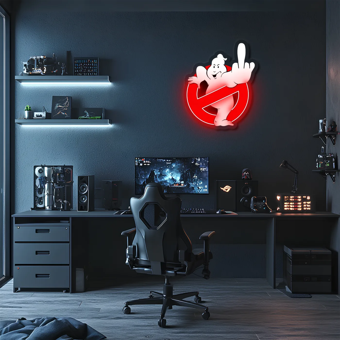 Retro Hayalet Figürlü Neon Duvar Dekoru | Mizahi Tasarım Işıklı Pleksi Tablo | Gamer & Genç Odası Dekoru — görsel 2