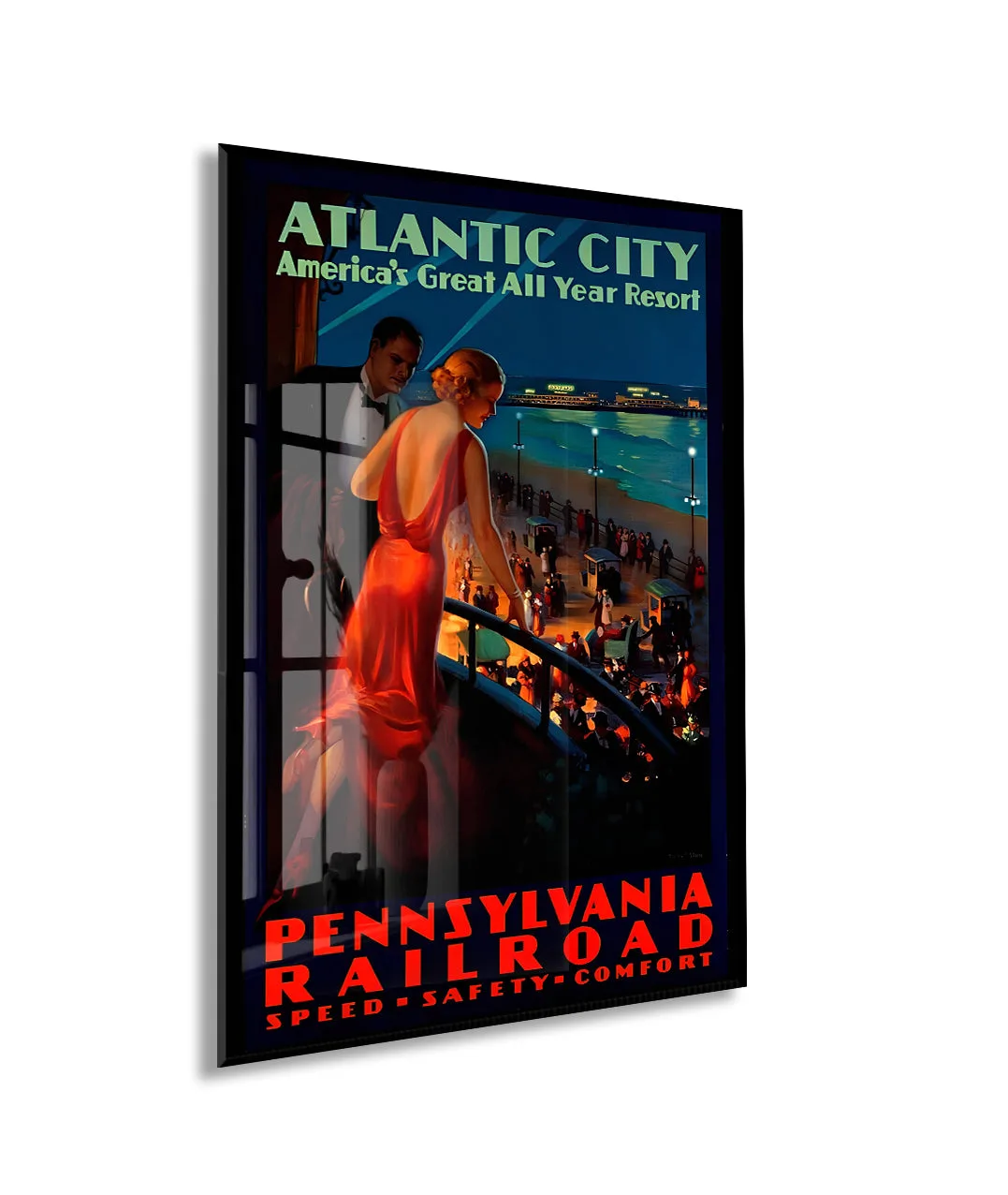 Atlantic City Vintage Cam Tablo | Art Deco Seyahat Posteri UV Baskılı Temperli Cam Duvar Dekoru - Peony152 — görsel 1