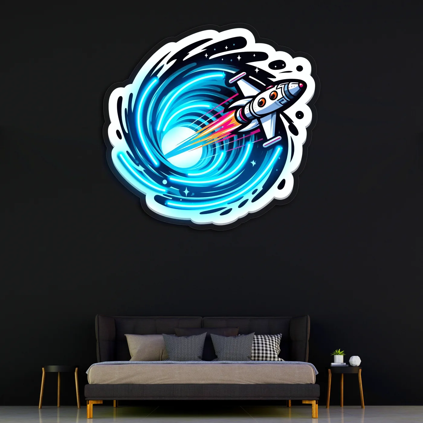 Roket Temalı Neon Duvar Dekoru | Uzay ve Astronot Konseptli LED Tablo | Pleksi UV Baskı Işıklı Duvar Sanatı — görsel 5