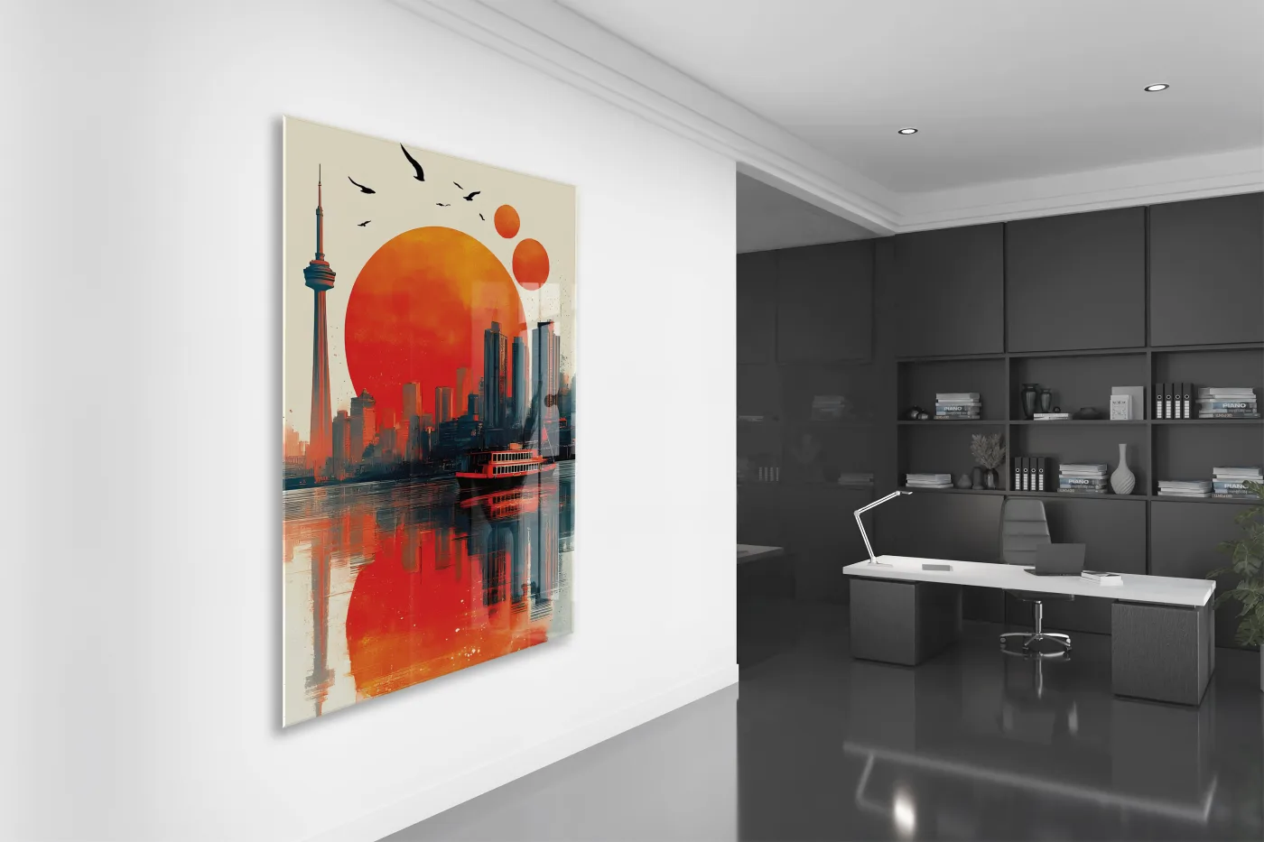 Modern Şehir Silüeti Cam Tablo – Gün Batımı Temalı Sanatsal UV Baskılı Temperli Cam Duvar Tablosu - Peony005 — görsel 4