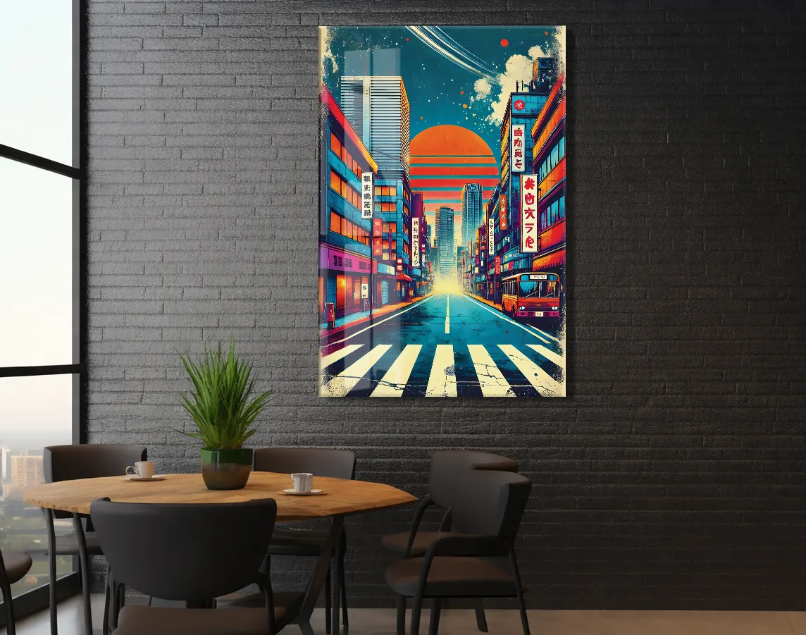 Neon Şehir Sokağı Cam Tablo – Japon Esintili Modern Kentsel Manzara, UV Baskılı Temperli Cam Duvar Tablosu - Peony038 — görsel 5