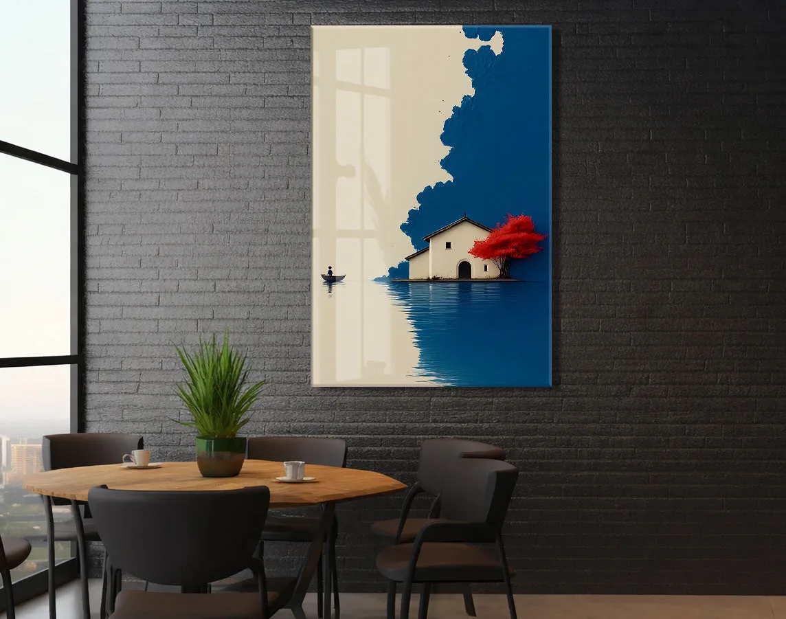 Minimal Göl Evi Manzarası – Kırmızı Ağaçlı Modern Duvar Tablosu - Peony133 — görsel 6