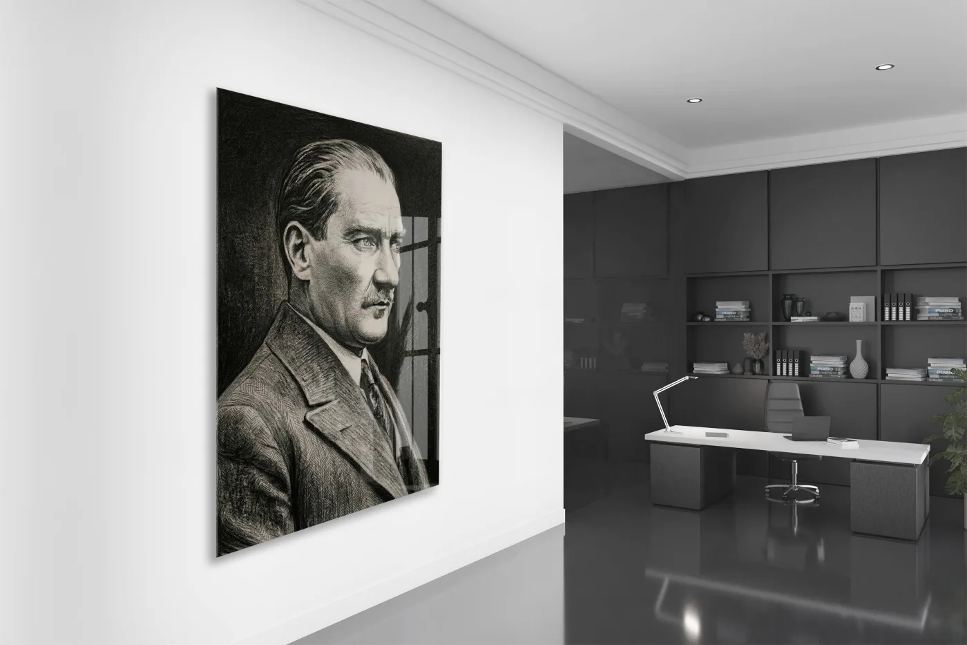 Mustafa Kemal Atatürk Karakalem Cam Tablo | Sanatsal 4 mm Temperli UV Baskılı Duvar Dekoru -PeonyAta1307 — görsel 4