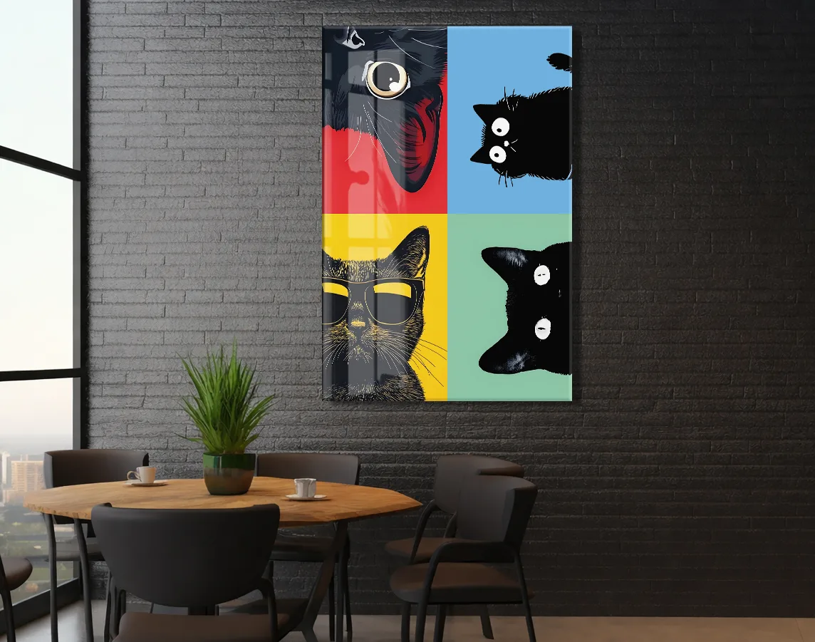 Pop Art Cats – Dört Ruh, Tek Stil Pop Art Duvar  Cam Sanatı- Peony052 — görsel 6