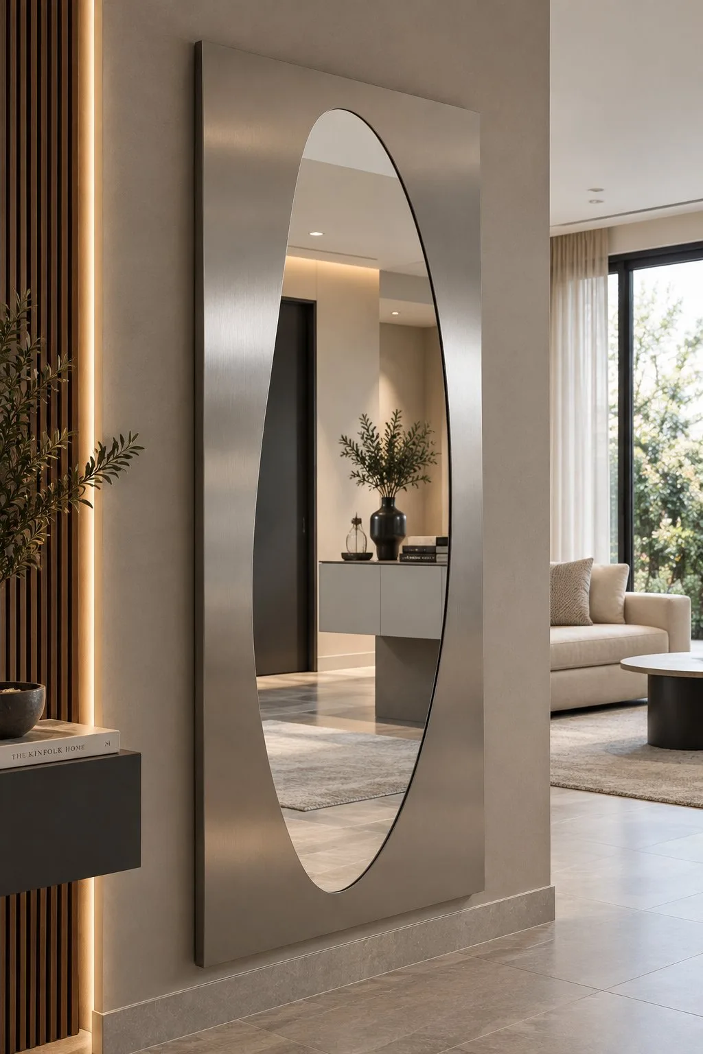 Liora | Paslanmaz Çelik Boy Aynası – 60x160 cm Fırçalı Metal Çerçeveli Asimetrik Dekoratif Duvar Aynası 2 cm Kıvrımlı Modern Tasarım — görsel 5
