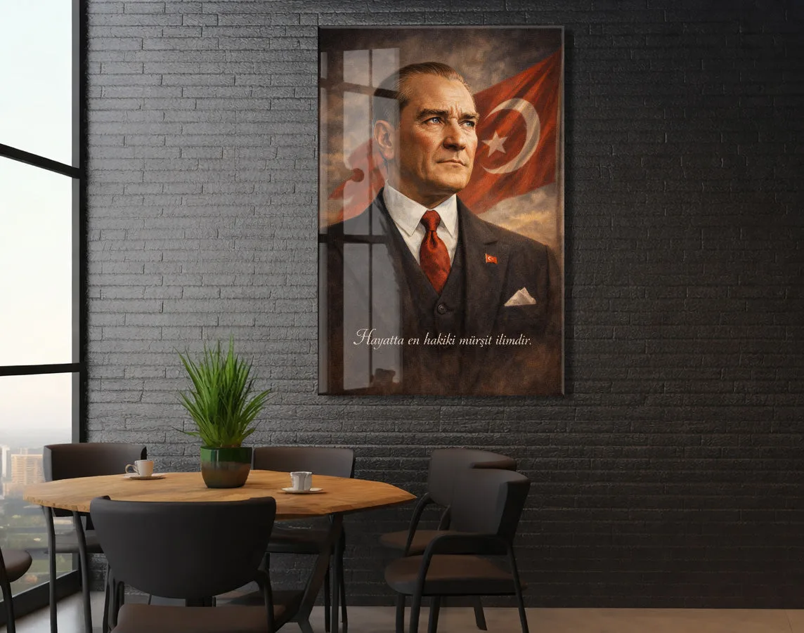 Hayatta En Hakiki Mürşit İlimdir , Mustafa Kemal Atatürk Cam Tablo- PeonyAta001 — görsel 5