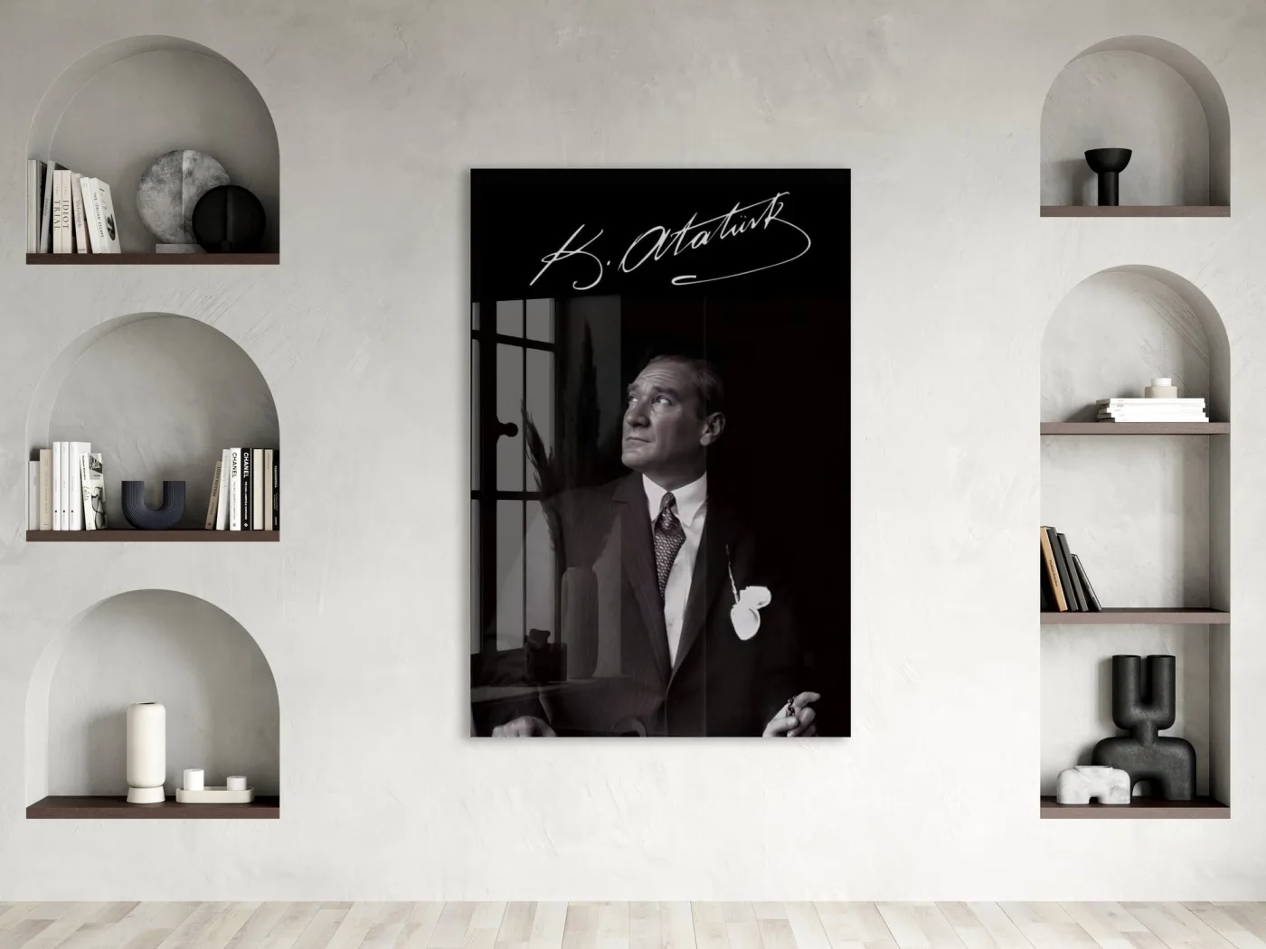 Atatürk İmzalı Cam Tablo – Siyah Beyaz Mustafa Kemal Atatürk Portresi-PeonyAta1346 — görsel 3
