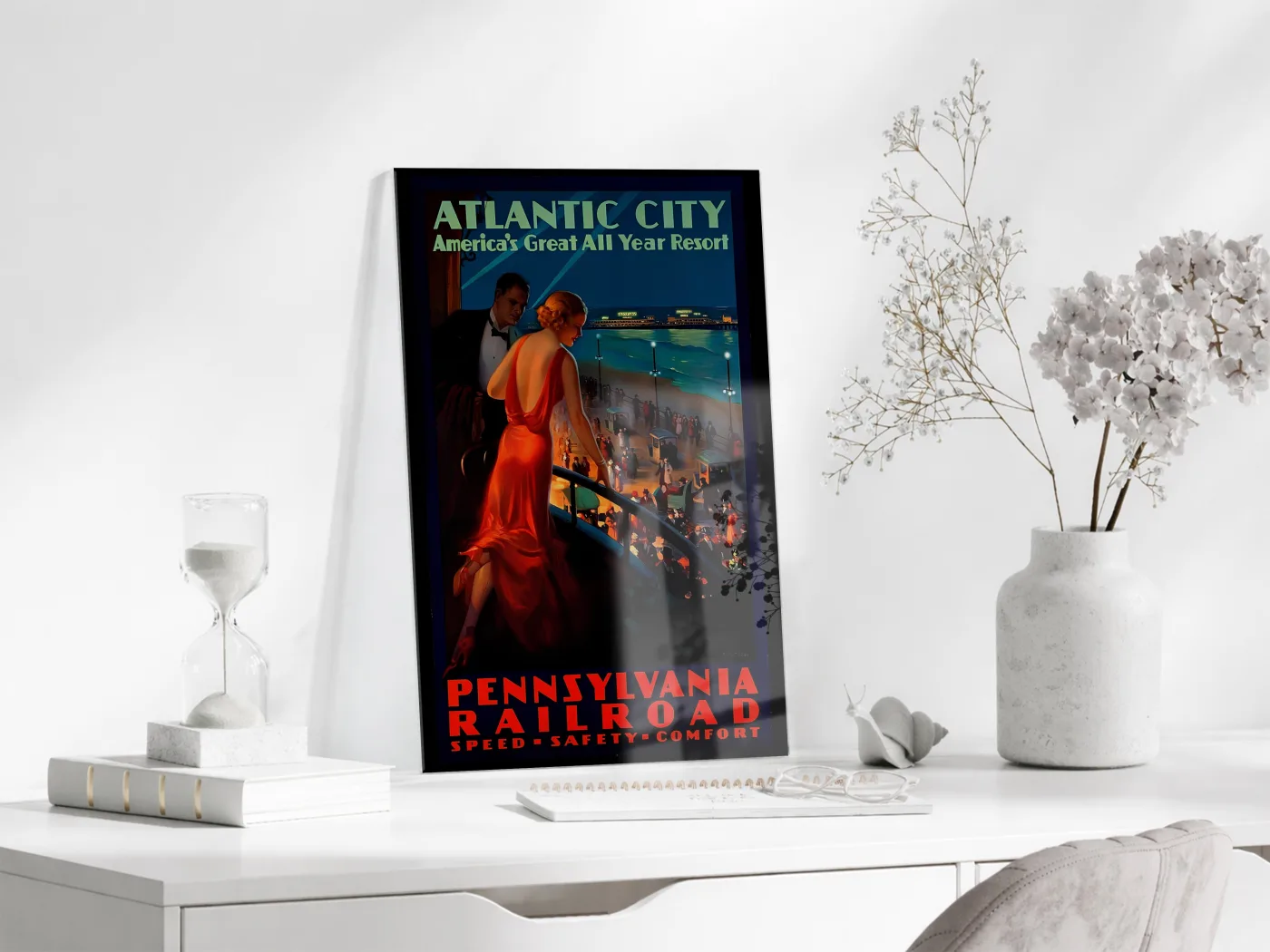 Atlantic City Vintage Cam Tablo | Art Deco Seyahat Posteri UV Baskılı Temperli Cam Duvar Dekoru - Peony152 — görsel 3