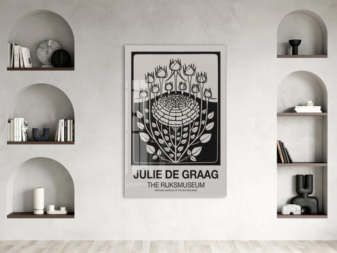 Siyah Beyaz Botanik Çiçek Cam Tablo | Minimal Modern Duvar Dekoru - Peony148 — görsel 2