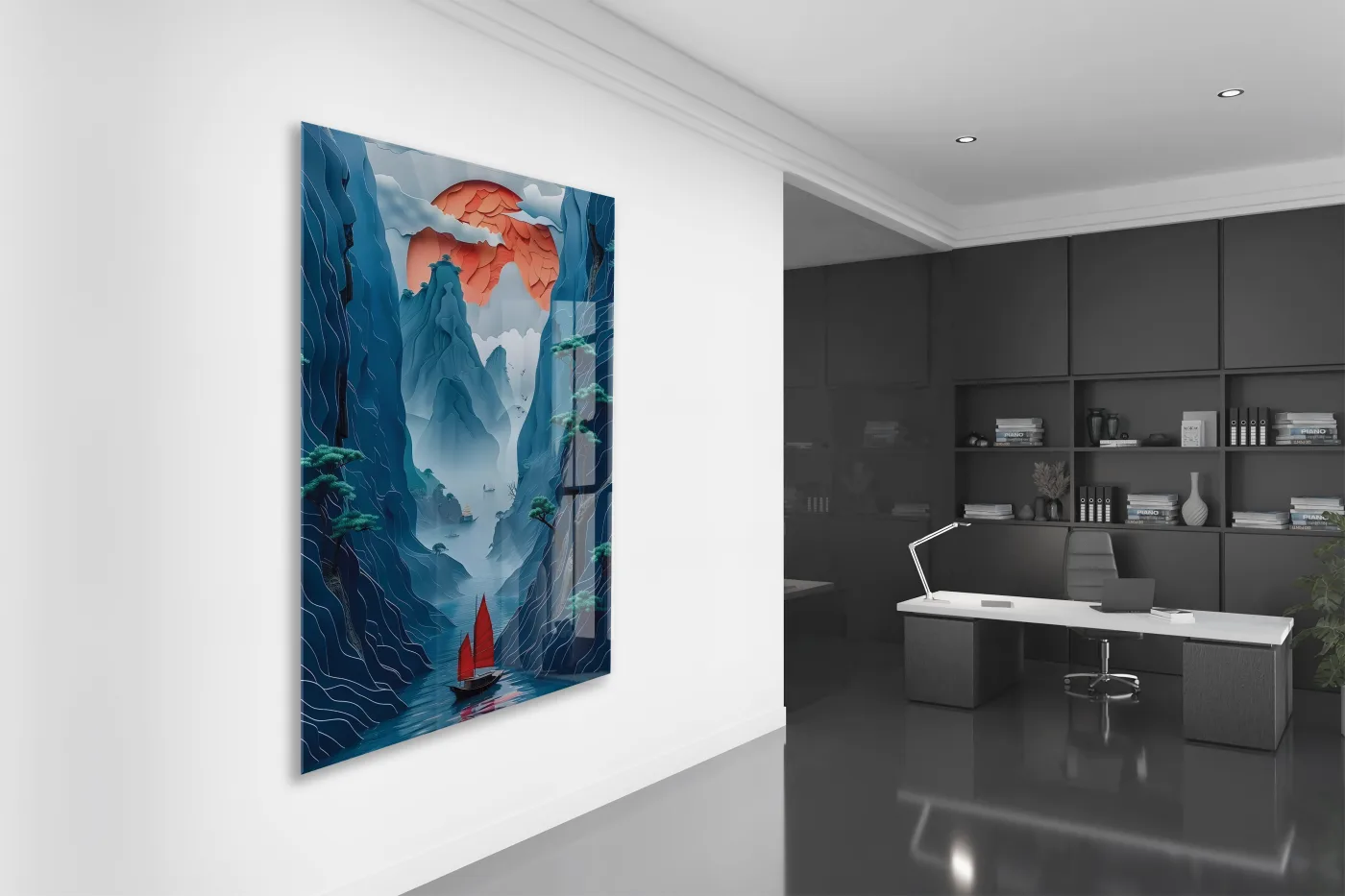 Modern Asya Esintili Doğa Cam Tablo – Dağ ve Nehir Temalı Sanatsal UV Baskılı Temperli Cam Duvar Tablosu - Peony007 — görsel 4