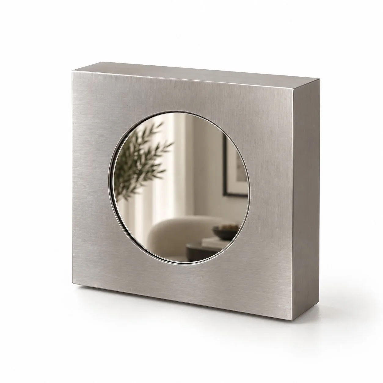 Lunera | Paslanmaz Çelik Dekoratif Ayna – 20x20 cm Modern Fırçalı Metal Çerçeveli Masaüstü ve Dekoratif Ayna — görsel 1