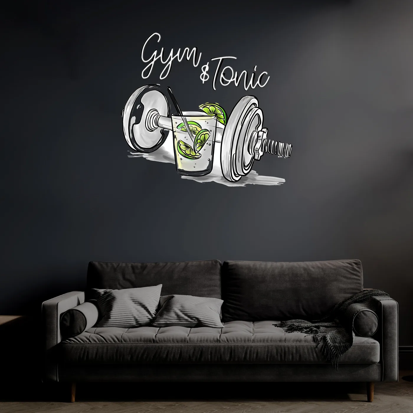 Gym & Tonic Neon Duvar Dekoru | Spor ve Kokteyl Temalı LED Işıklı Tablo | UV Baskı Pleksi Neon | Mizahi Bar ve Ev Dekoru — görsel 5