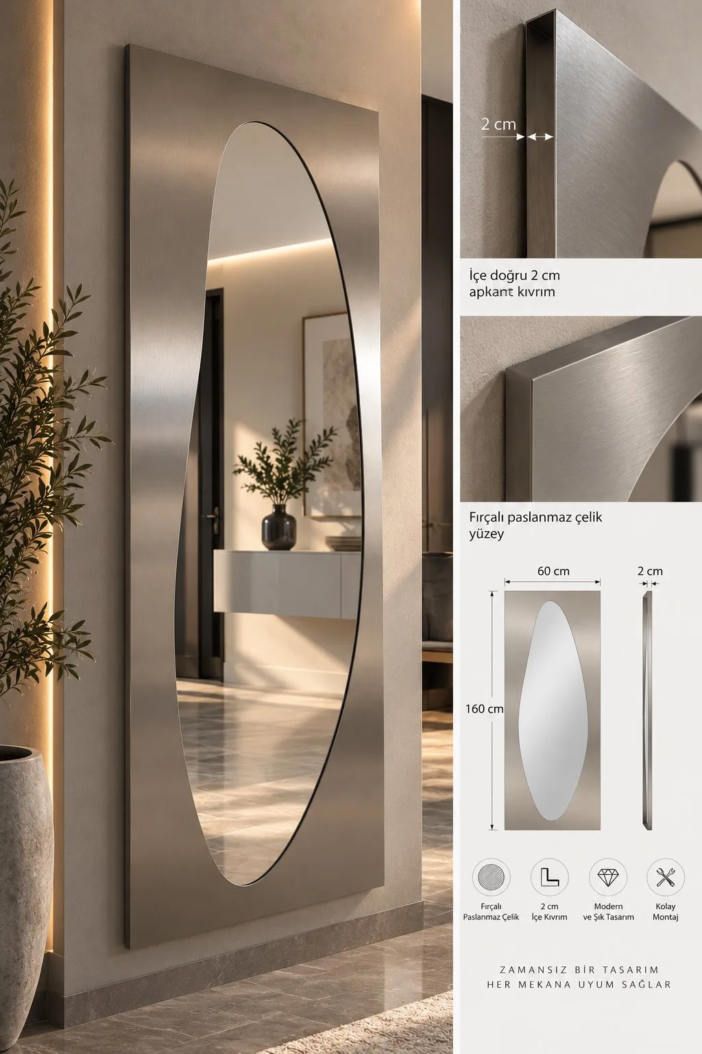 Liora | Paslanmaz Çelik Boy Aynası – 60x160 cm Fırçalı Metal Çerçeveli Asimetrik Dekoratif Duvar Aynası 2 cm Kıvrımlı Modern Tasarım — görsel 4