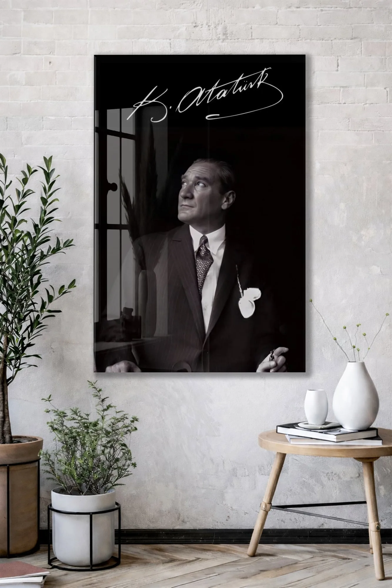 Atatürk İmzalı Cam Tablo – Siyah Beyaz Mustafa Kemal Atatürk Portresi-PeonyAta1346 — görsel 2