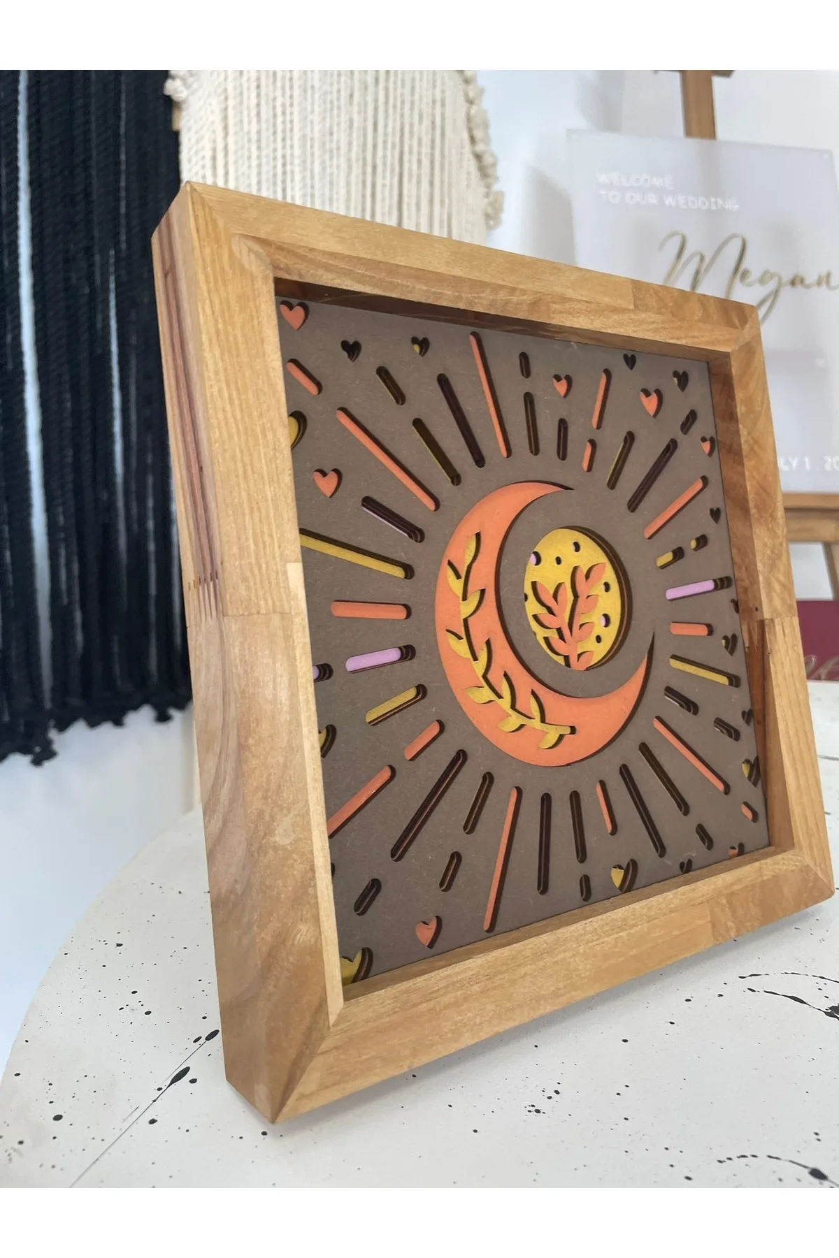 20x20cm 4 Katmanlı El Yapımı Ay ve Güneş Ahşap Tablo – Masif Çerçeve — görsel 2