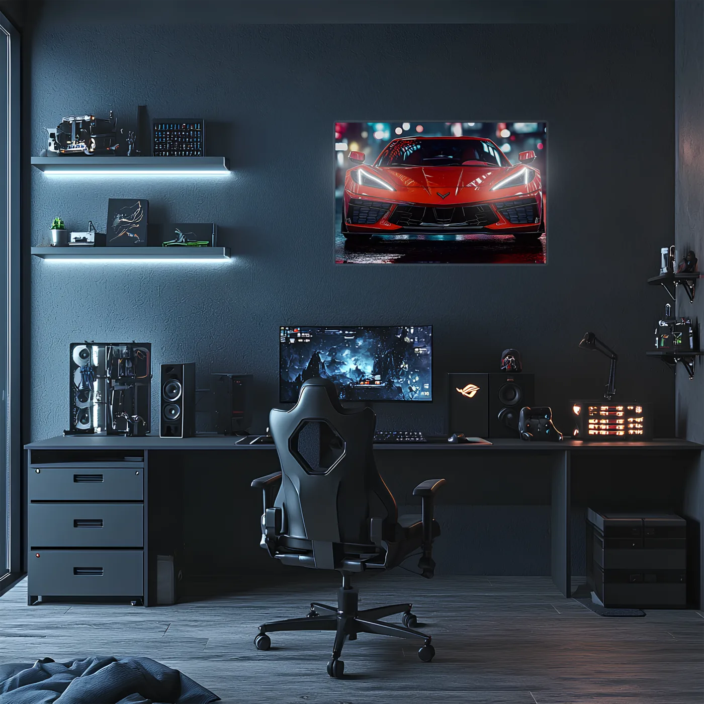 Kırmızı Corvette Tarzı UV Baskı Neon Duvar Dekoru | Pleksi Işıklı Spor Araba Tablo | Gamer Room Duvar Sanatı — görsel 2