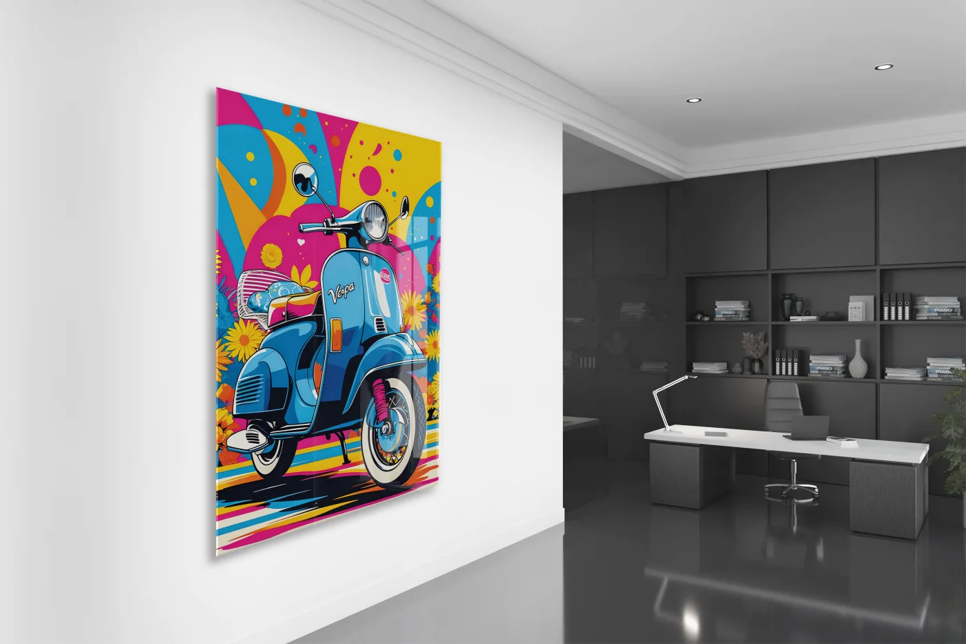 Renkli Vespa Scooter Cam Tablo – Pop Art Stil, UV Baskılı Temperli Cam Duvar Dekoru - Peony040 — görsel 4