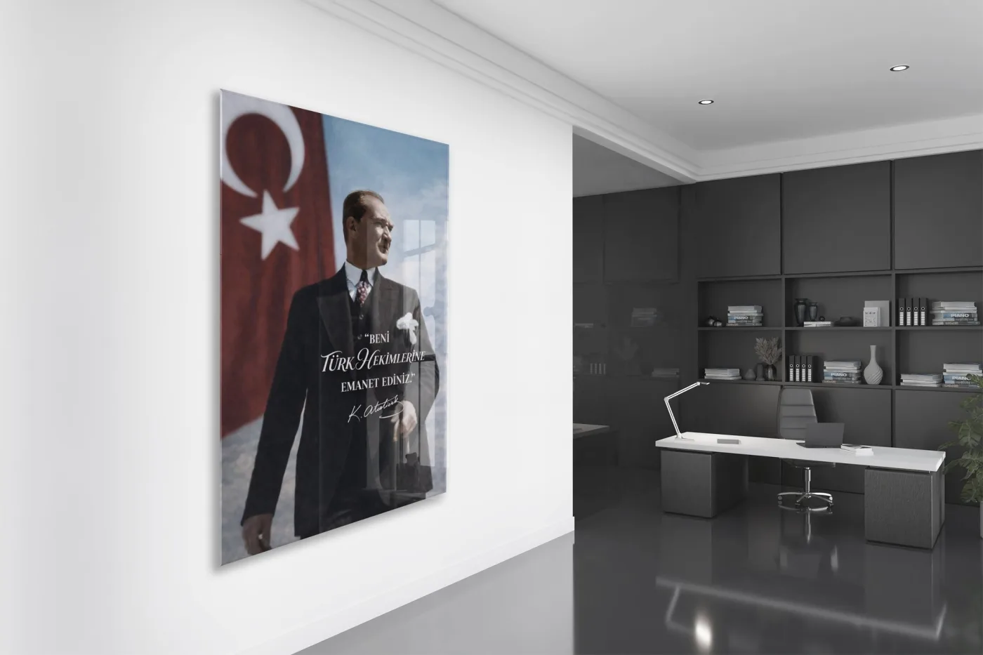 Beni Türk Hekimlerine Emanet Ediniz Atatürk Cam Tablo – Türk Bayraklı Duvar Tablosu-PeonyAta1342 — görsel 5