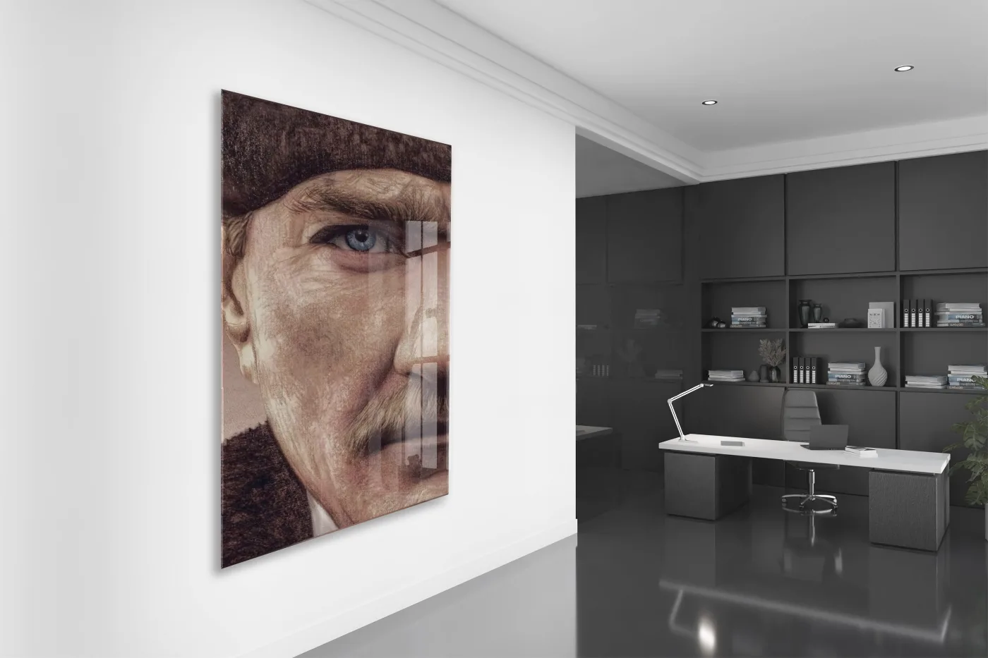 Atatürk Mavi Göz Detayı Cam Tablo – 4 mm Temperli Cam, Sanatsal Portre Duvar Dekoru -PeonyAta053 — görsel 5