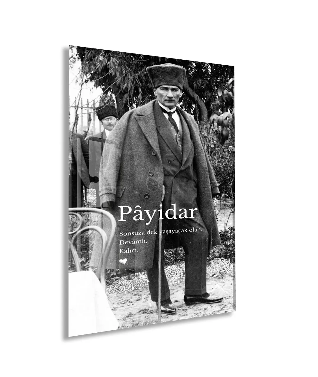 Payidar Atatürk Cam Tablo | Siyah Beyaz Atatürk Portresi, Anlamlı Duvar Dekoru, UV Baskı Temperli Cam Tablo PeonyAta049 — görsel 1