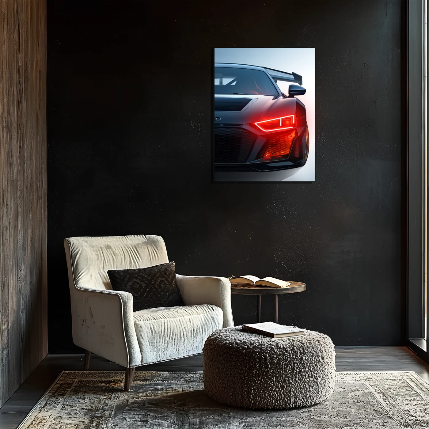 Siyah Audi R Tarzı UV Baskı Neon Duvar Dekoru | Pleksi Işıklı Spor Araba Tablo | Modern Ev ve Ofis Dekoru — görsel 1