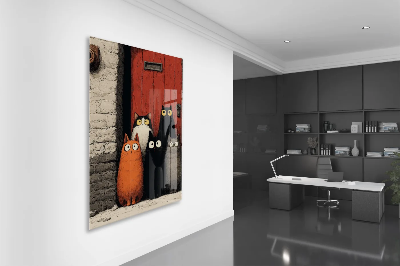 Şaşkın Bakışlı Kediler – Modern ve Minimal İllüstrasyon Cam Tablo- Peony130 — görsel 5