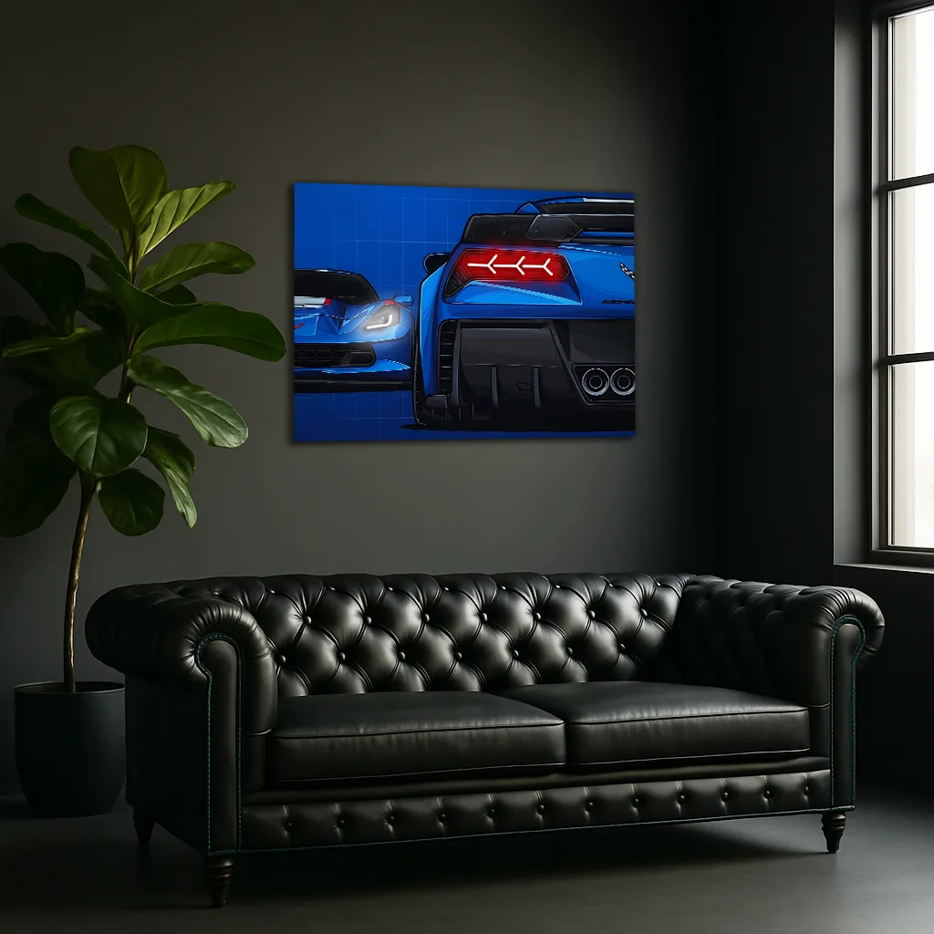 Mavi Corvette Tarzı UV Baskı Neon Duvar Dekoru | Pleksi Işıklı Süper Araba Tablo | Modern Ev ve Ofis Dekoru — görsel 1