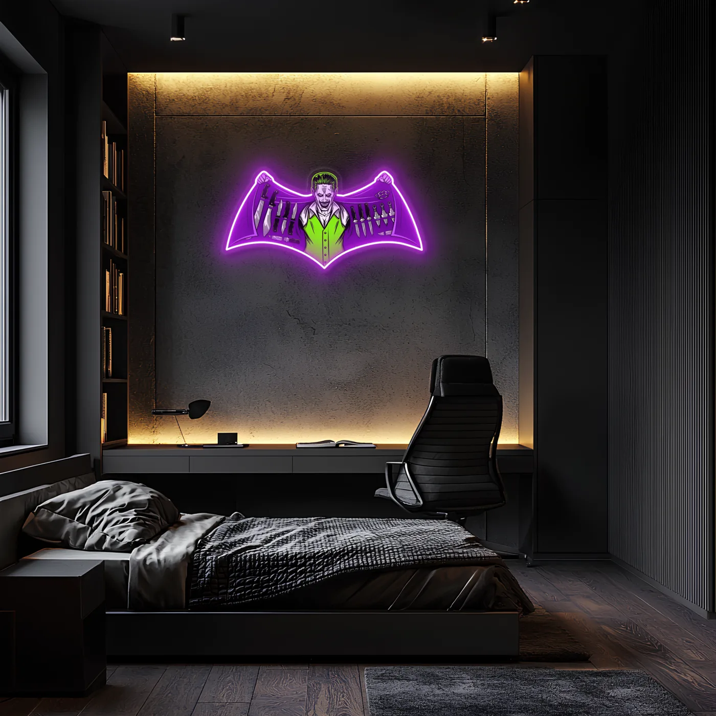 Joker Temalı Neon Duvar Dekoru | Mor Yeşil Pleksi UV Baskı LED Tablo | Oyun Odası ve Koleksiyon Alanı İçin Işıklı Duvar Sanatı — görsel 1