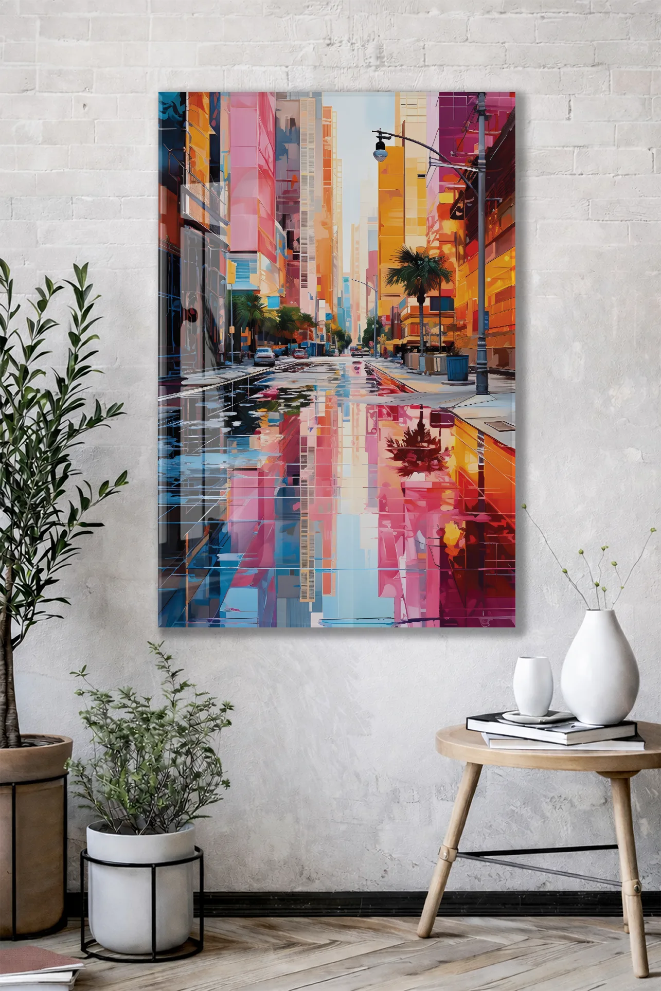 Renkli Modern Şehir Sokağı Cam Tablo – Yansımalı Sokak Manzarası ve Çağdaş Duvar Dekoru - Peony056 — görsel 3