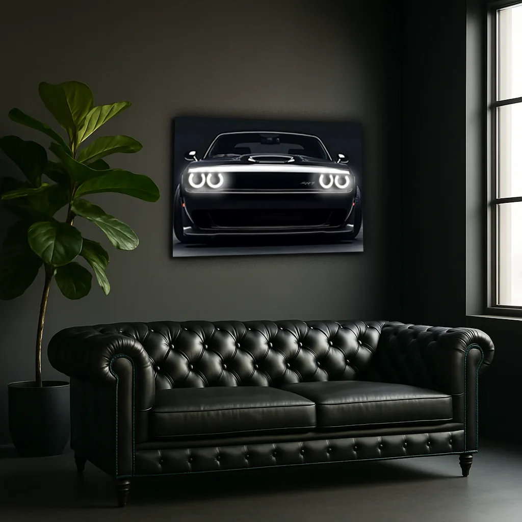 Araba UV Baskı Neon Duvar Dekoru | Parlak Far Efektli Pleksi Tablo | Modern Otomobil Temalı Duvar Sanatı — görsel 3