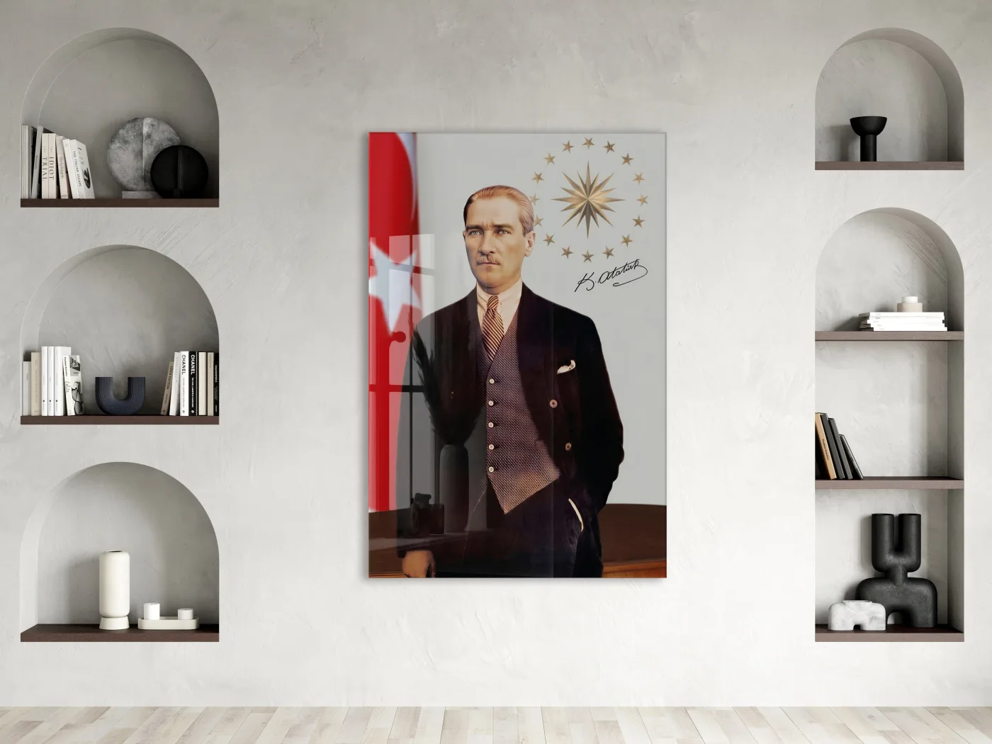 Mustafa Kemal Atatürk Türk Bayraklı Cam Tablo | 4 mm Temperli UV Baskılı Premium Duvar Dekoru -PeonyAta1303 — görsel 2
