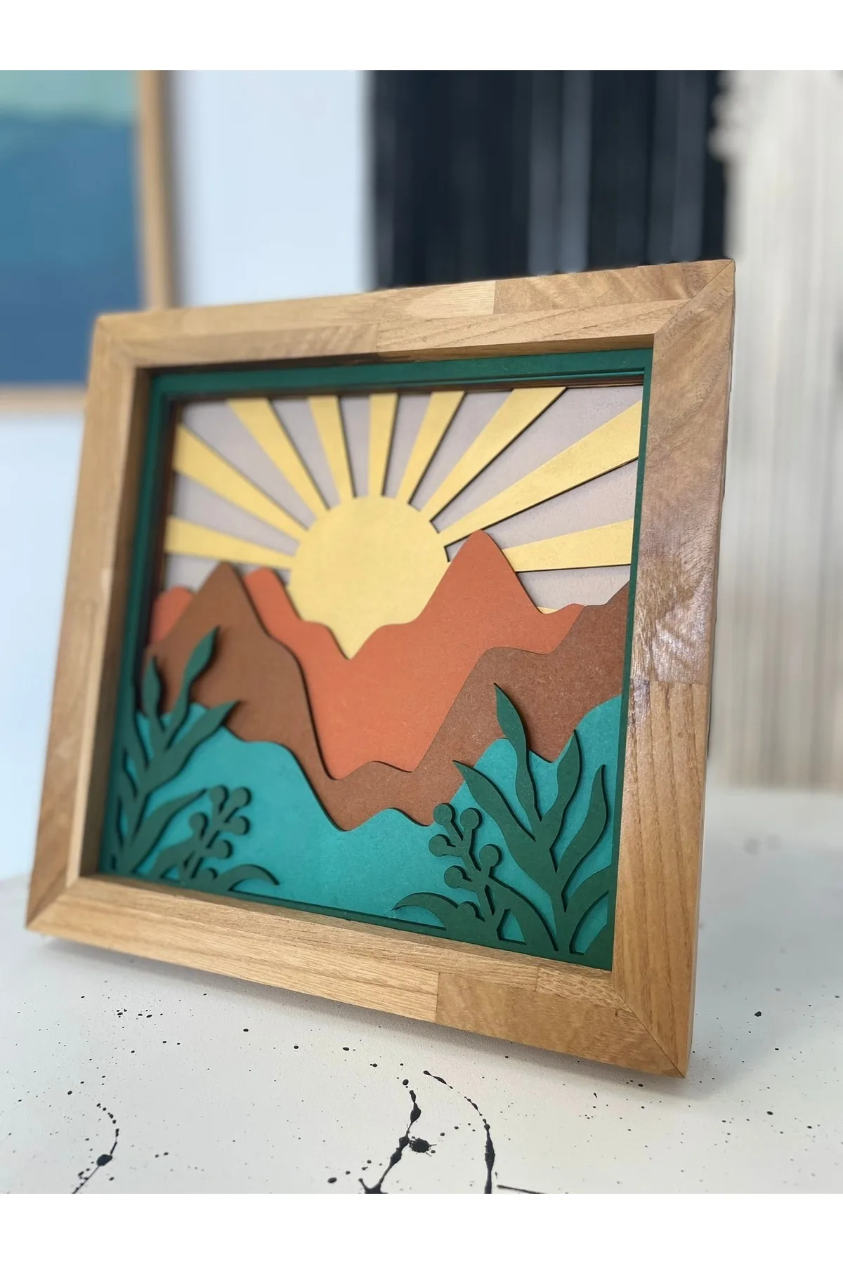 20x20cm El Yapımı 6 Katmanlı Ahşap Dağ ve Güneş Tablosu – Masif Çerçeveli — görsel 3
