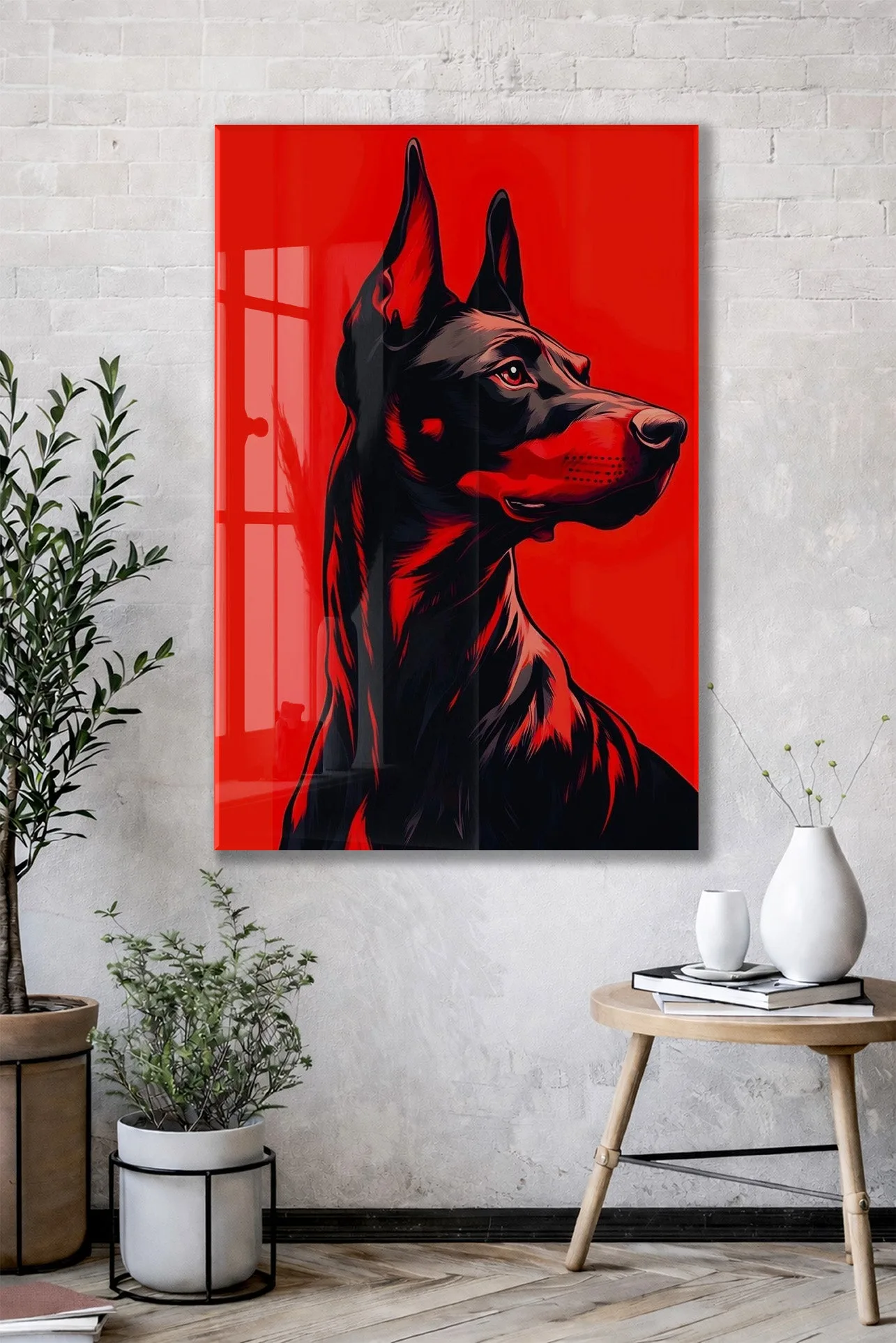 Doberman Portre – Kırmızı Arka Plan Modern Duvar Tablosu - Peony139 — görsel 2