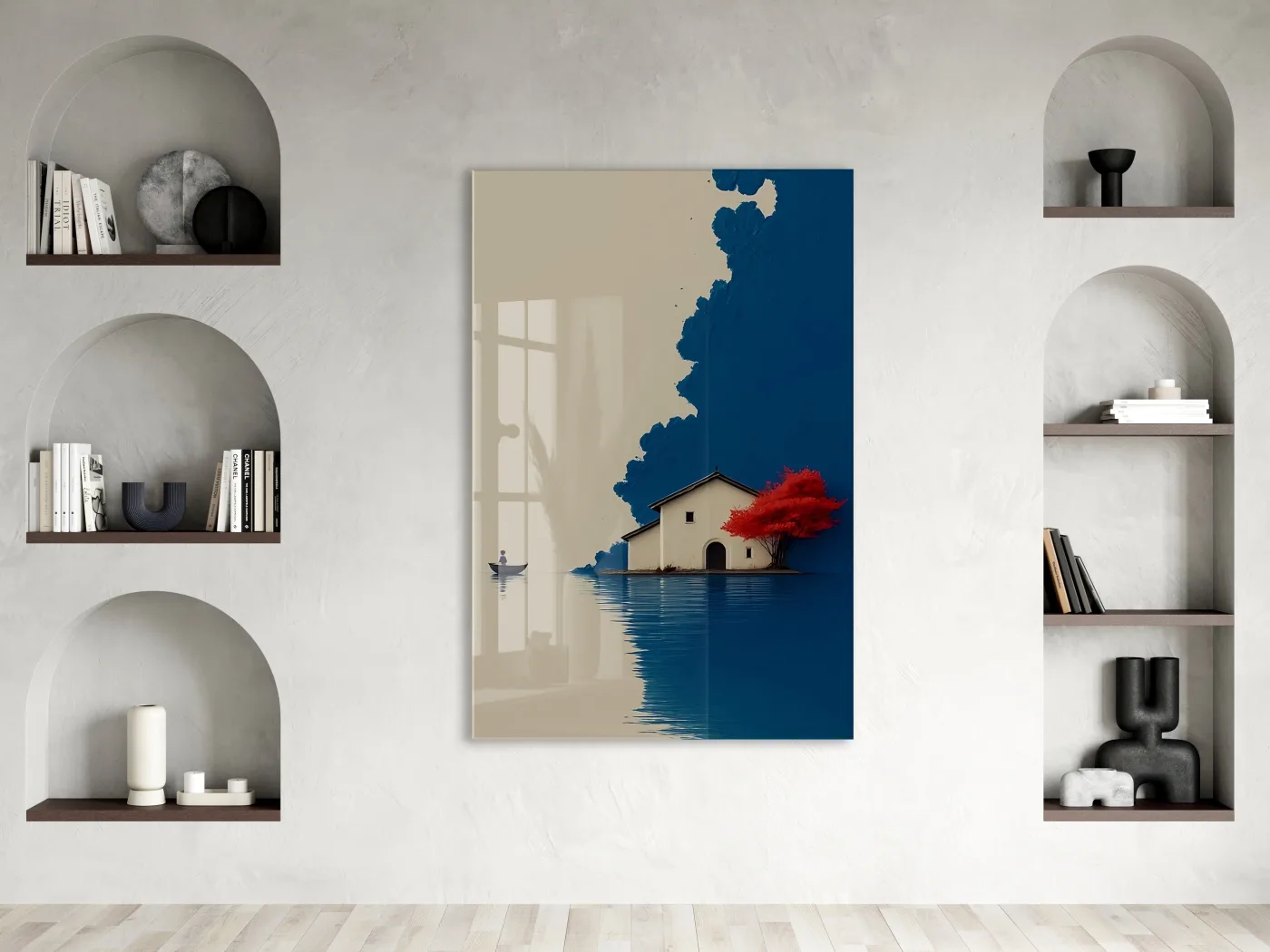 Minimal Göl Evi Manzarası – Kırmızı Ağaçlı Modern Duvar Tablosu - Peony133 — görsel 3
