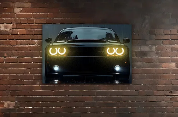 Siyah Muscle Car UV Baskı Neon Duvar Dekoru | Pleksi Işıklı Araba Tablo | Güçlü Far Efektli Modern Duvar Sanatı — görsel 6