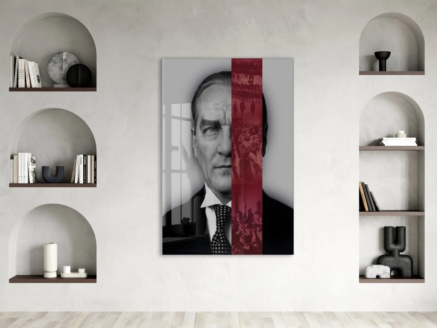 Atatürk Cam Tablo – Lider ve Millet Temalı, Kırmızı Şerit Detaylı 4 mm Temperli Cam Duvar Dekoru -PeonyAta1019 — görsel 2