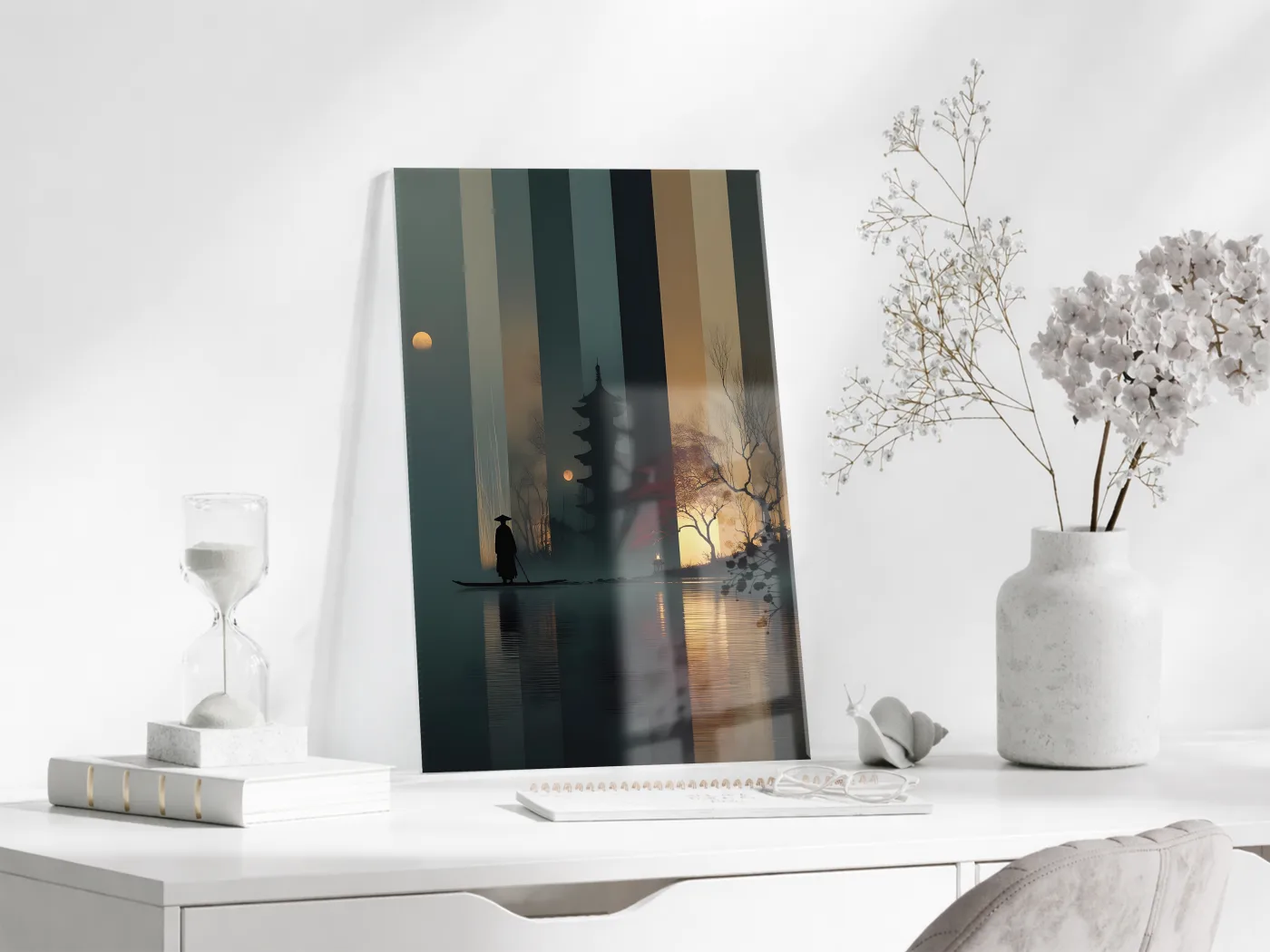 Modern Asya Tapınak Silüeti Cam Tablo – Gece ve Gün Batımı Temalı Sanatsal UV Baskılı Temperli Cam Duvar Tablosu - Peony016 — görsel 3