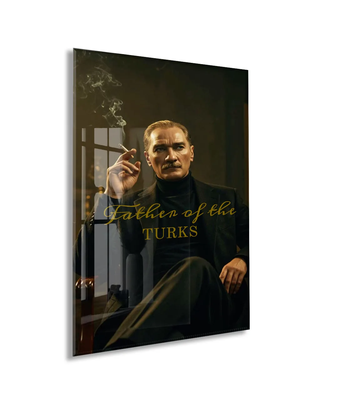 Father of the Turks Atatürk Cam Tablo | Gold Yazı Detaylı Modern Portre, Premium UV Baskı Temperli Cam Atatürk Duvar Dekoru PeonyAta051 — görsel 1