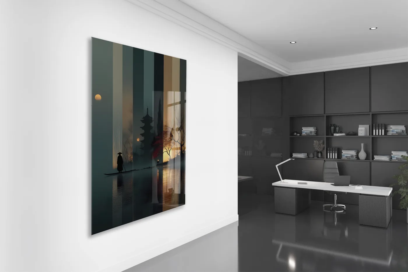 Modern Asya Tapınak Silüeti Cam Tablo – Gece ve Gün Batımı Temalı Sanatsal UV Baskılı Temperli Cam Duvar Tablosu - Peony016 — görsel 4
