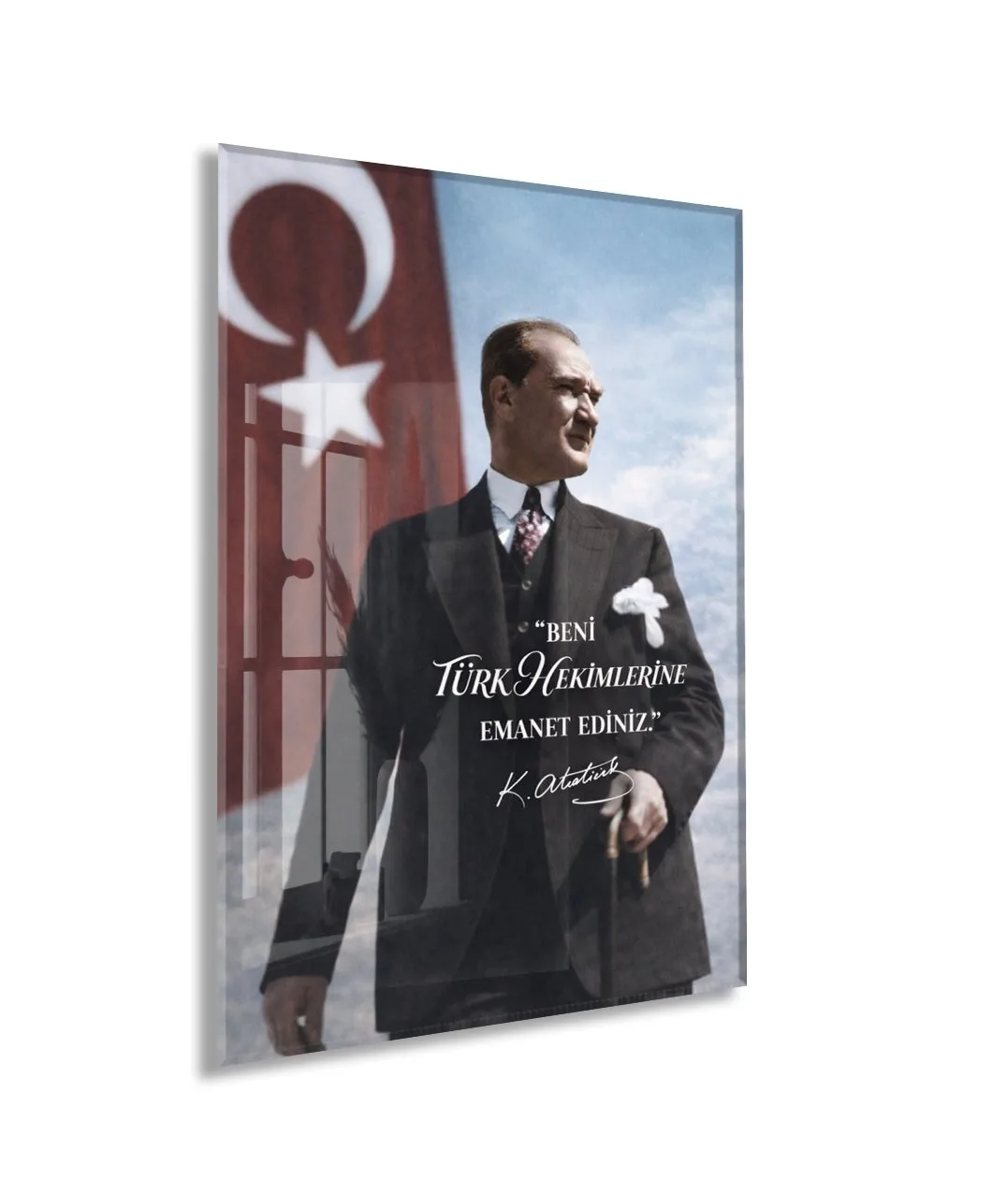Beni Türk Hekimlerine Emanet Ediniz Atatürk Cam Tablo – Türk Bayraklı Duvar Tablosu-PeonyAta1342 — görsel 1