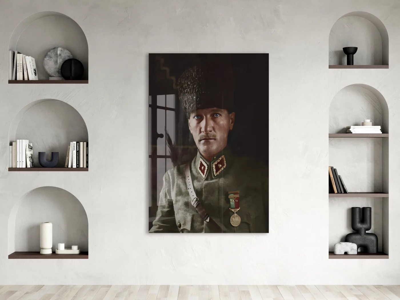 Atatürk Cam Tablo – Askerî Üniformalı İkonik Portre, 4 mm Temperli Cam Üzerine Premium Duvar Dekoru -PeonyAta1029 — görsel 3