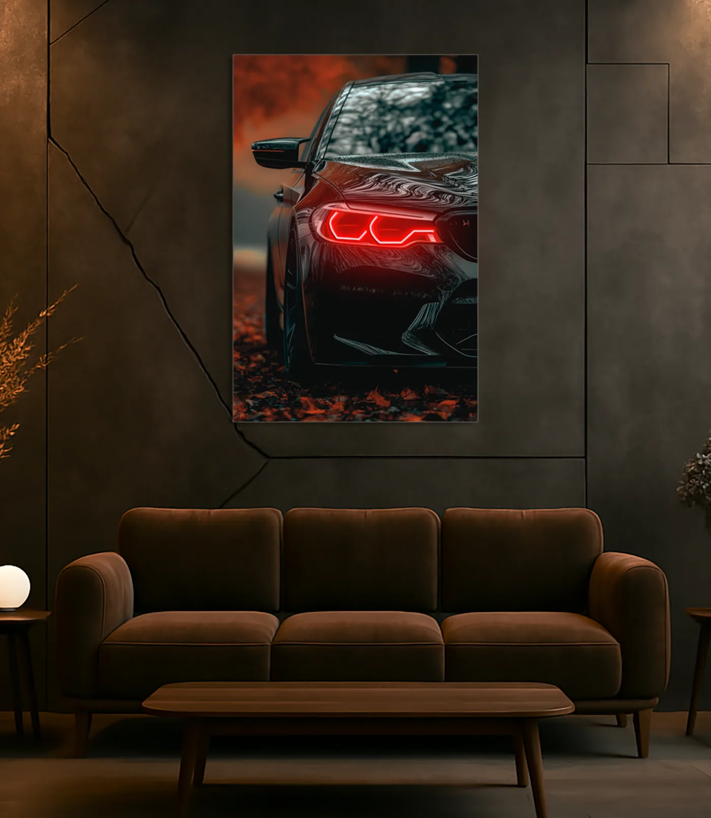 Siyah Spor Otomobil UV Baskı Neon Duvar Tablosu | Kırmızı LED Işıklı Pleksi Duvar Dekoru | Modern Otomobil Sanatı — görsel 2
