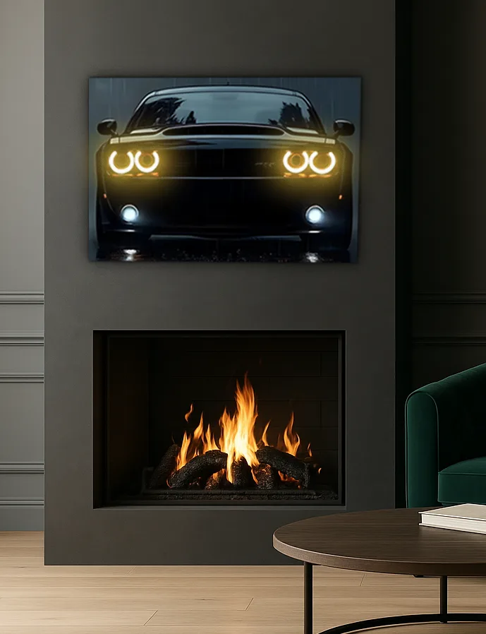 Siyah Muscle Car UV Baskı Neon Duvar Dekoru | Pleksi Işıklı Araba Tablo | Güçlü Far Efektli Modern Duvar Sanatı — görsel 4