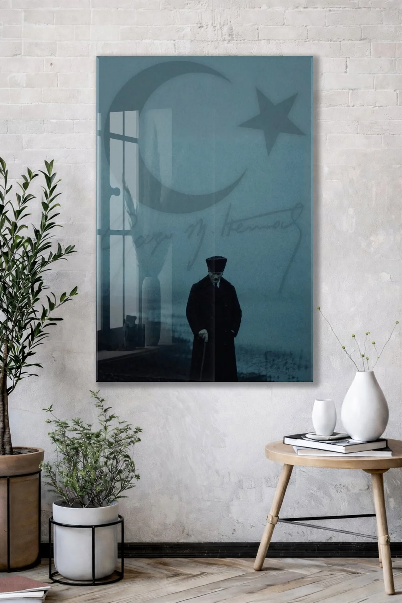 Atatürk Türk Bayrağı Cam Tablo – Kalpaklı Mustafa Kemal Atatürk Duvar Tablosu-PeonyAta1349 — görsel 2