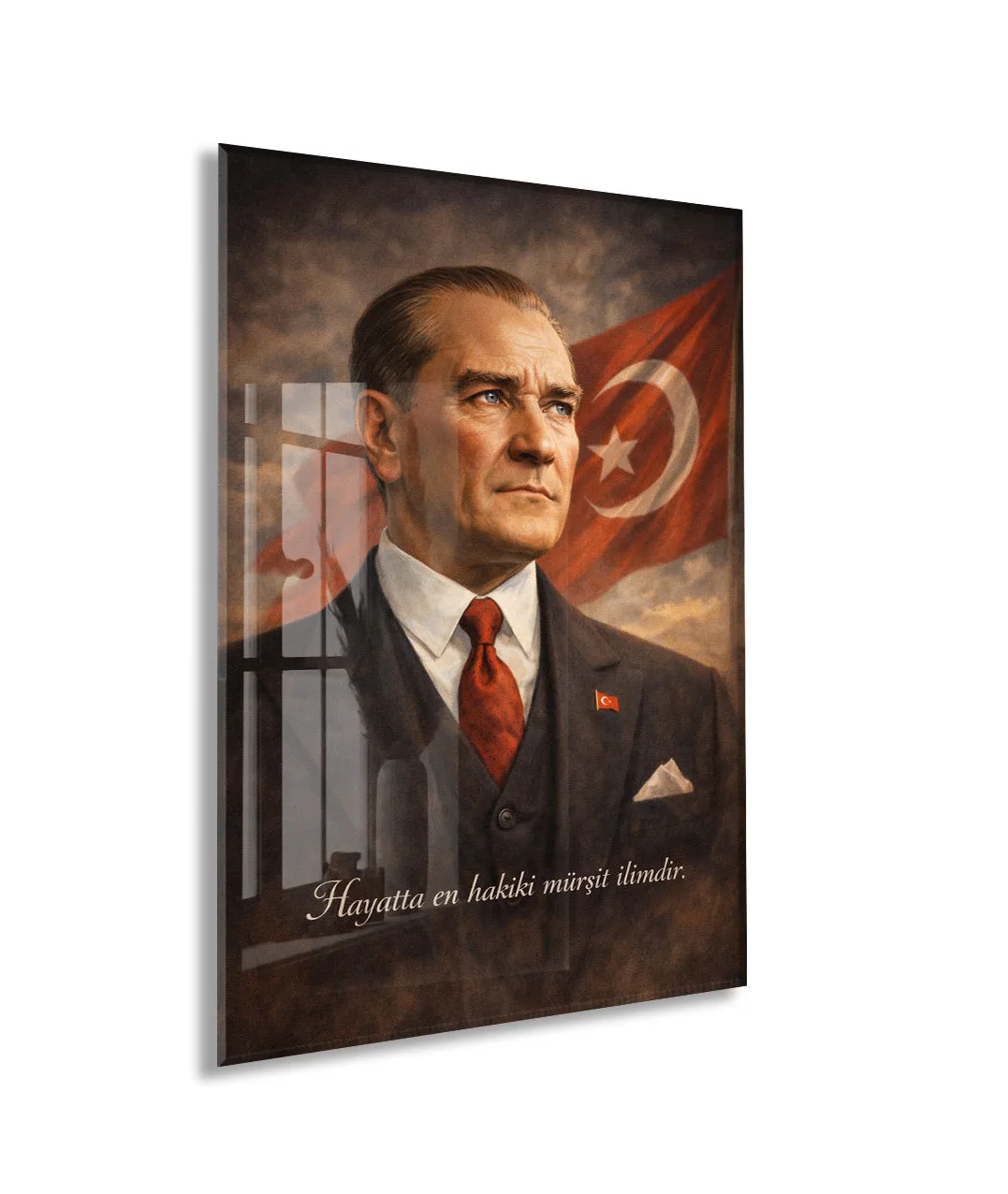 Hayatta En Hakiki Mürşit İlimdir , Mustafa Kemal Atatürk Cam Tablo- PeonyAta001 — görsel 1