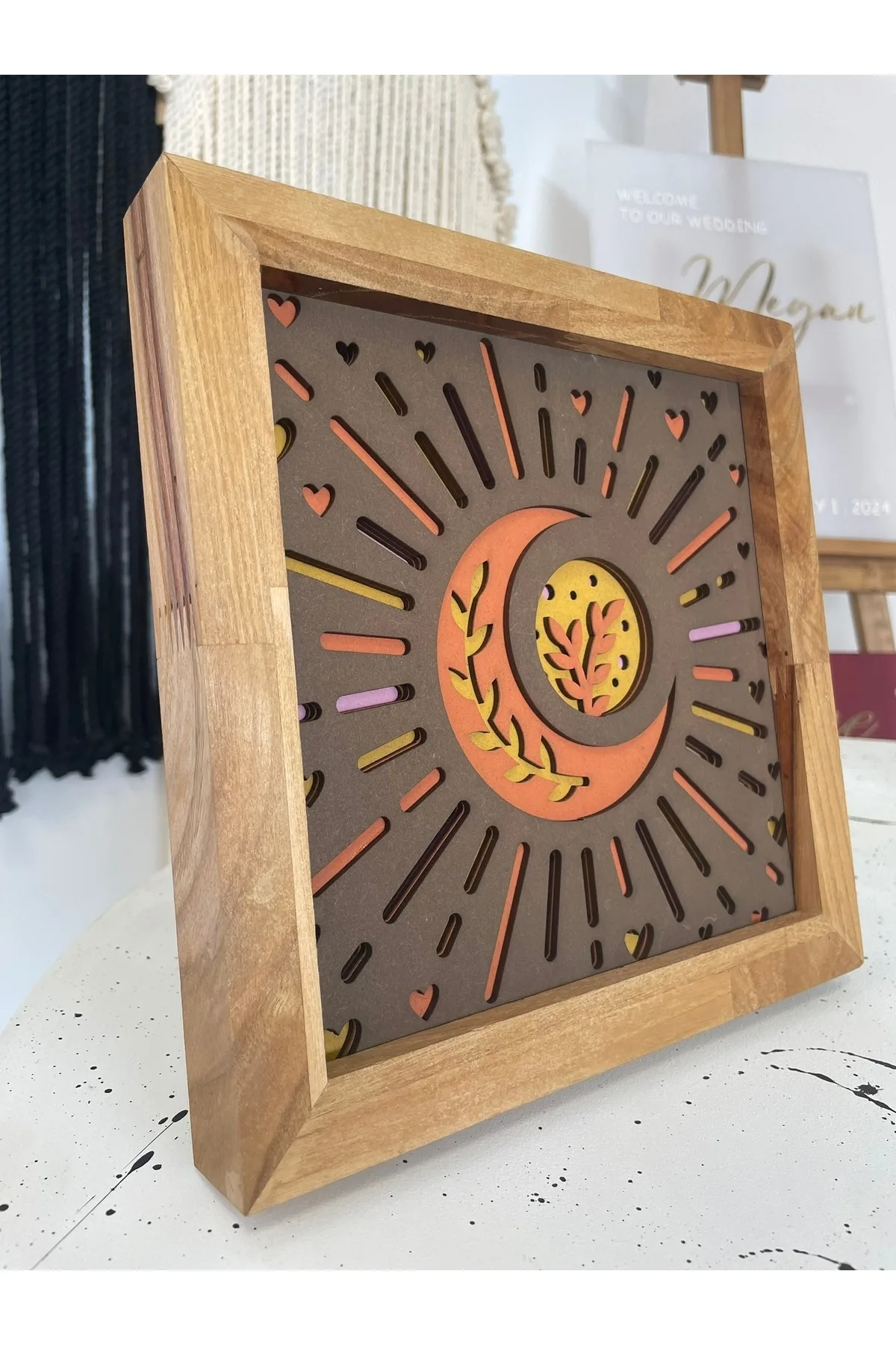 20x20cm 4 Katmanlı El Yapımı Ay ve Güneş Ahşap Tablo – Masif Çerçeve — görsel 3