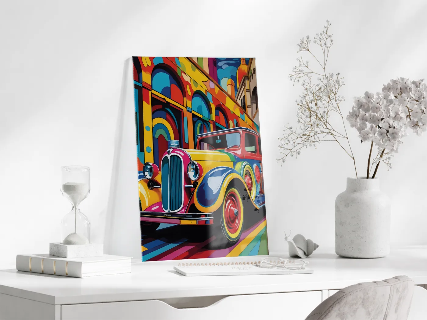 Renkli Klasik Araba Cam Tablo – Retro Otomobil Temalı Modern Pop Art, UV Baskılı Temperli Cam Duvar Tablosu - Peony036 — görsel 3