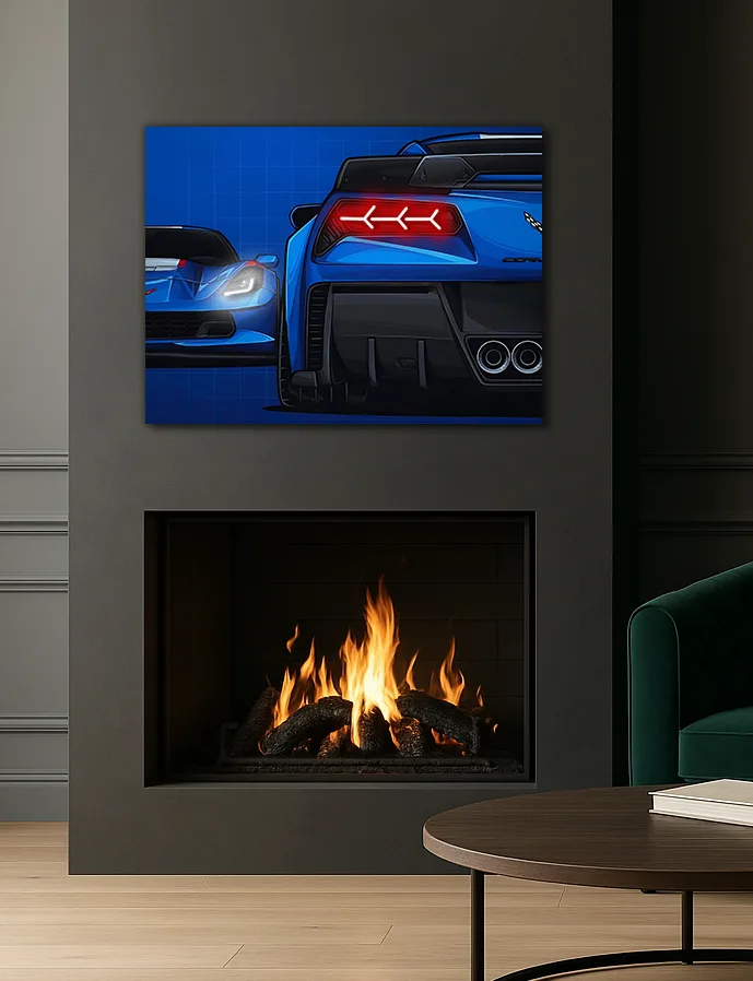 Mavi Corvette Tarzı UV Baskı Neon Duvar Dekoru | Pleksi Işıklı Süper Araba Tablo | Modern Ev ve Ofis Dekoru — görsel 3
